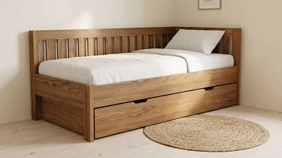 Masivní rohové jednolůžko SANY do L s multifunkční zásuvkou