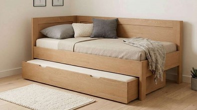 Masivní rohové jednolůžko TRIO do L s multifunkční zásuvkou