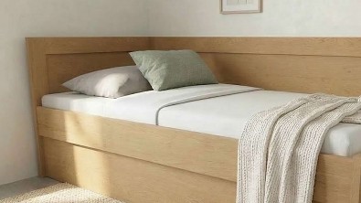 Rohové jednolůžko TRIO do L z masivu s velkým úložným prostorem