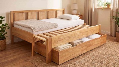 Masivní lůžko FAVARO: Designová souhra svislých linií a velkorysého úložného prostoru