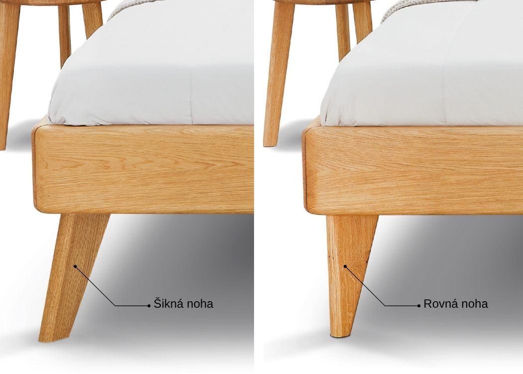 Vyberte si mezi rovnou nohou, nebo šikmou nohou postele a dolaďte si design postele po svém.